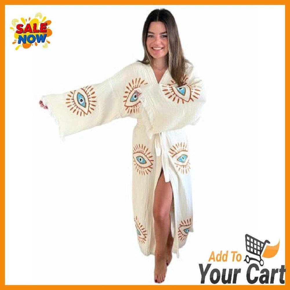 Handmade Evil Eye Kimono Boho Cotton Cardigan Festival Beach Cover Up - Picture 4 of 8